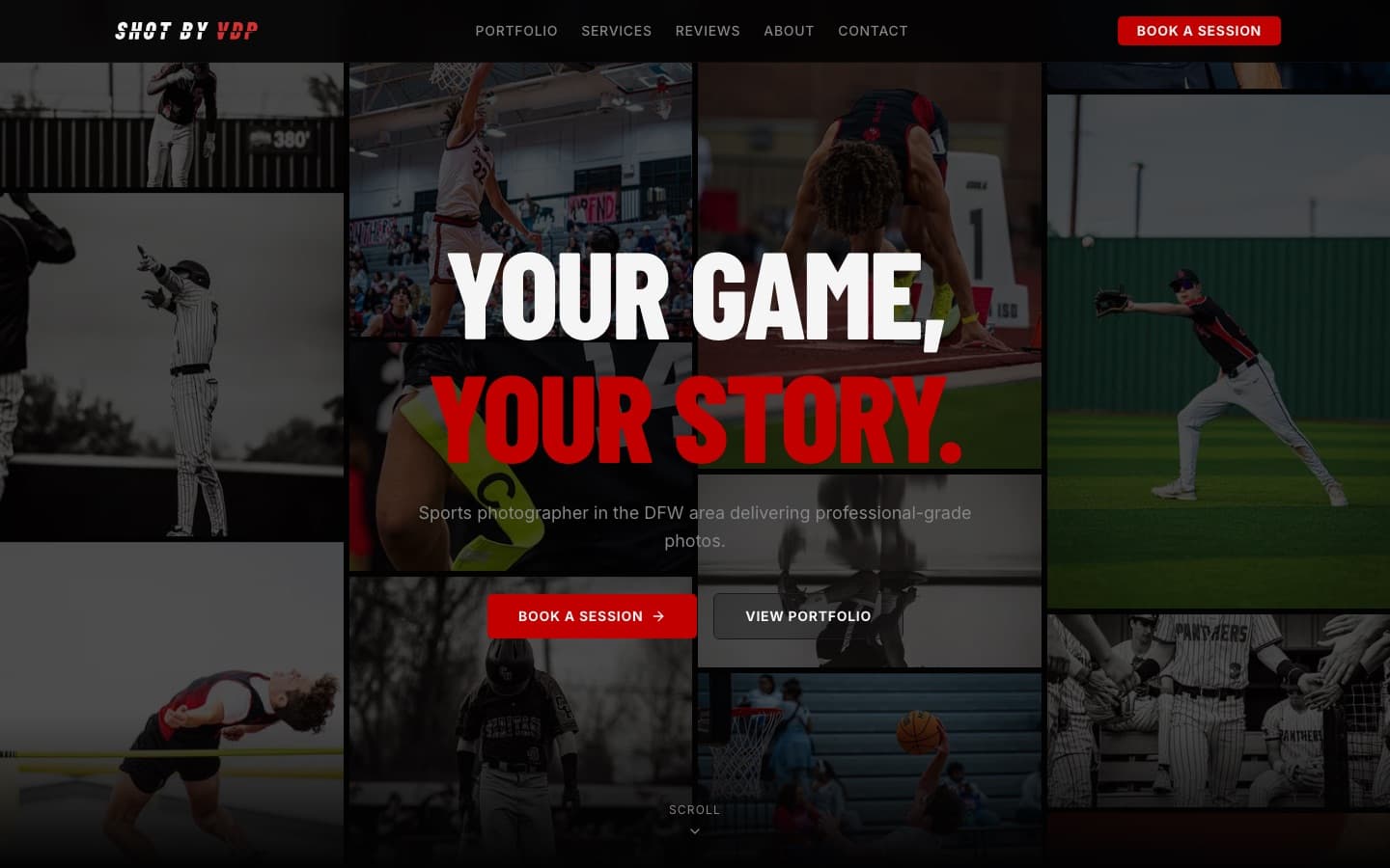 Shot by VDP home page on a desktop screen: a dark grid of sports photos behind the headline Your Game, Your Story, with a Book a Session button.