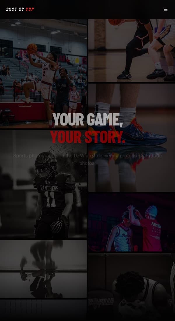 Shot by VDP home page on a phone: a two column grid of sports photos behind the headline Your Game, Your Story.