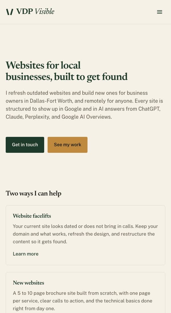 VDP Visible home page on a phone: the headline Websites for local businesses, built to get found, above two cards for website facelifts and new websites.